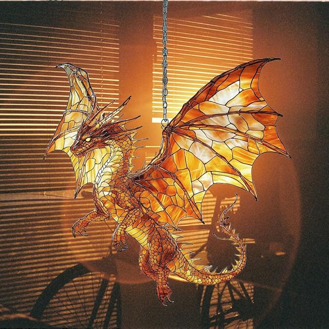 Fiery Mosaic Dragon Charm Acrylic Suncatcher Stained Glass Effect Window Car Hanging Christmas Ornament Indoor Outdoor Decor Garden Sun Catcher Panel for Dragon Lover for Women Mom Grandma