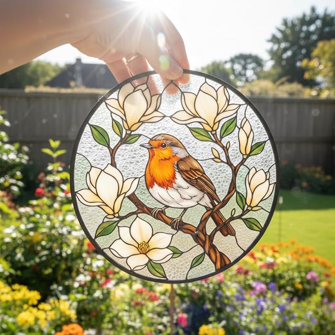 Robin Stained Glass Suncatcher Window Hanging, Bird Ornament Decor for Window, Robin Ornament for Women, Nature Lovers Gift Idea, Bird Suncatcher Stained Glass, Nature Decor for Home