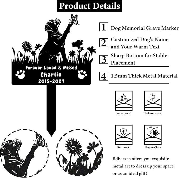 Custom Boxer Dog Memorial Grave Marker,Personalized Metal Flora Dog Memorial Stake,Dog Memorial Plaque Burial Stake Engraved Sign,Sympathy Grave Stake for Lost Dog,Dog Headstone