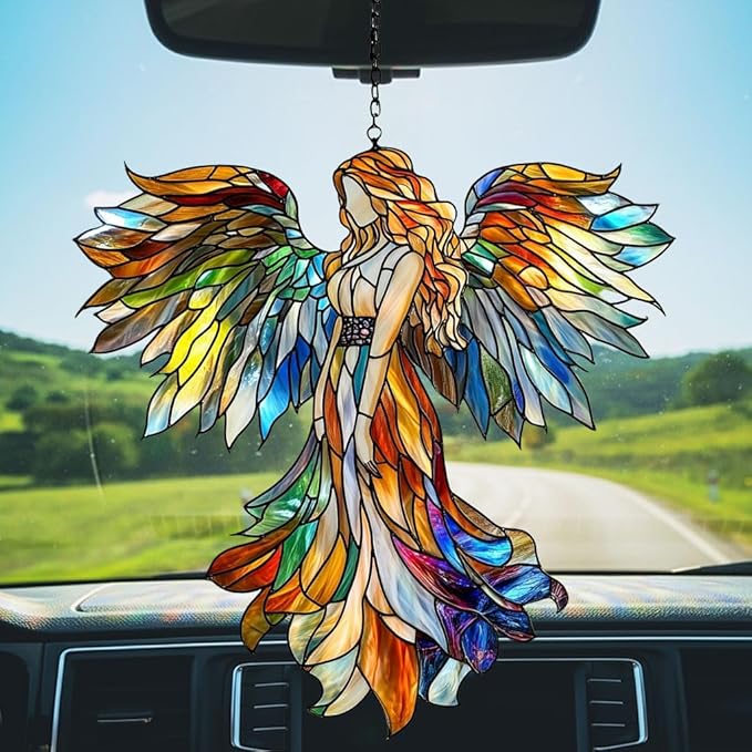 Rainbow Angel Tiffany Style Acrylic Suncatcher Stained Glass Effect Window Car Hanging Christmas Ornament Indoor Outdoor Decor Garden Sun Catcher Panel for Angel Lover for Women Mom Grandma