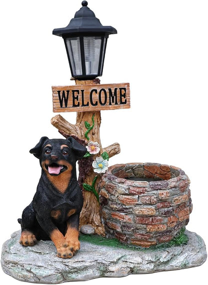 Solar Garden Statue with Planter & Solar Lantern, Outdoor Resin Animal Sculpture, Waterproof Yard Lawn Decor Pot for Succulents, Front Porch Ornament Housewarming Gift (Rottweiler)