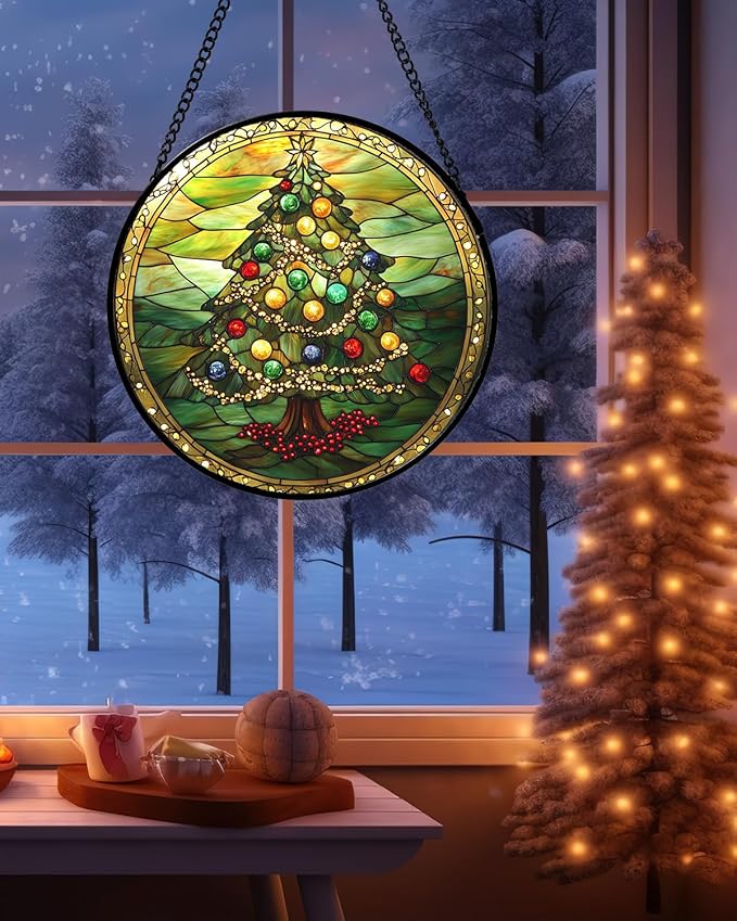 DASTOLL Stained Glass Window Hanging - Green Christmas Tree Gold Ribbon Suncatcher for Doors Home Christmas Decoration Sun Catcher Thanksgiving New Year Birthday Gifts for Women Men Mom Nana 9.8 in