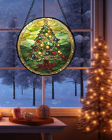 DASTOLL Stained Glass Window Hanging - Green Christmas Tree Gold Ribbon Suncatcher for Doors Home Christmas Decoration Sun Catcher Thanksgiving New Year Birthday Gifts for Women Men Mom Nana 15 in