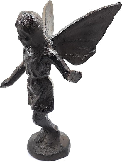 Rustic Cast Iron Standing Playful Angel or Fairy Statue Figurine