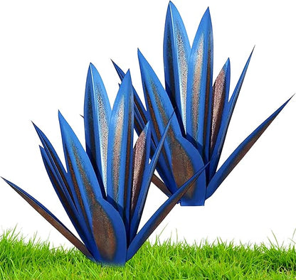 NIDONE Garden Tequila Decor, 2PCS DIY Metal Tequila Rustic Sculpture Metal Agave Yard Art for Outdoor Lawn Ornaments (Blue)