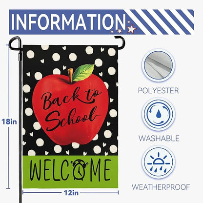 Welcome Back to School Garden Flags Apple Alarm Clock Yard Flags First Day of School Supplies Garden Flag Double Sided 12x18 Inch for Outdoor Yard Decoration