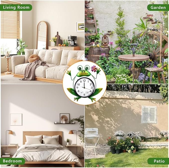 Outdoor Clock Silent Non-Ticking, Frog Outdoor Wall Clock with Thermometer & Humidity Decorative Outdoor Clocks for Patio, Garden, Home Decor