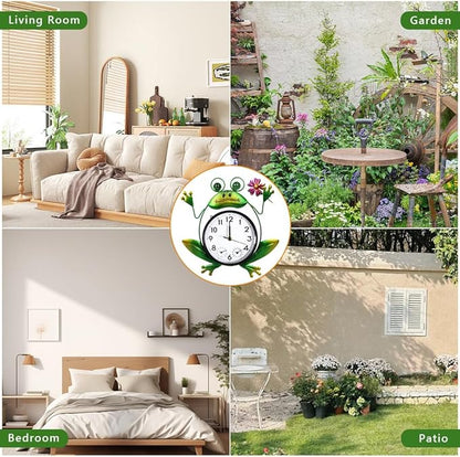 Outdoor Clock Silent Non-Ticking, Frog Outdoor Wall Clock with Thermometer & Humidity Decorative Outdoor Clocks for Patio, Garden, Home Decor