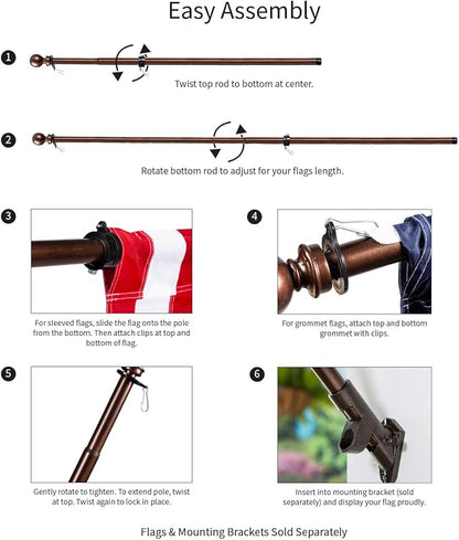 Evergreen Flag Telescoping 5ft Metal Flag Pole | Incl Two Tangle-Free Ring Clips | Bronze | Wall Mounted for Home Garden Outdoor | House and 3'x5' American Flags with Pole Sleeve or Grommets