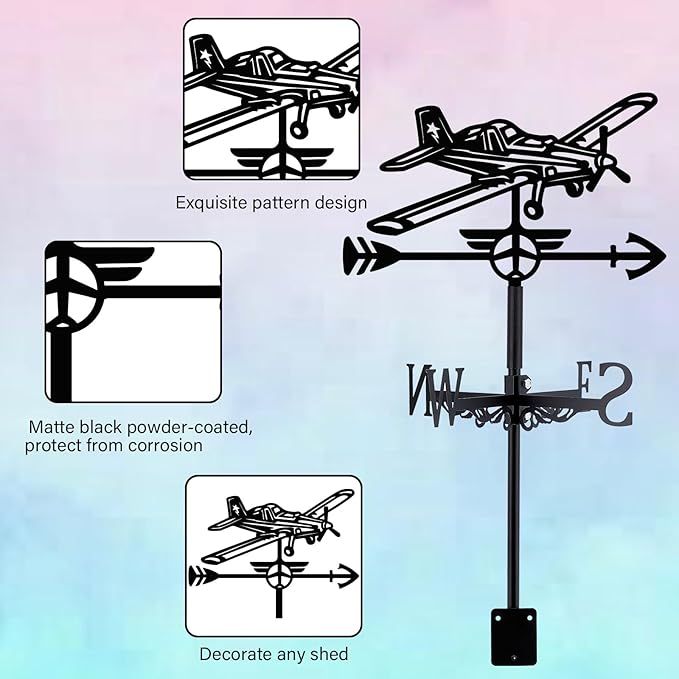 Airplane Weathervane 26' Height Black Metal Wind Sculpture Roof Garden Art Decor Farmhouse Durable Decorative Stake Waterproof Weathervane Garden Decor