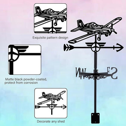 Airplane Weathervane 26' Height Black Metal Wind Sculpture Roof Garden Art Decor Farmhouse Durable Decorative Stake Waterproof Weathervane Garden Decor