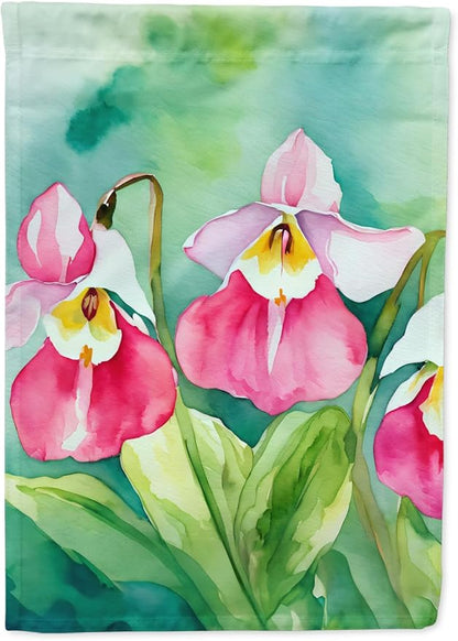 Caroline's Treasures Minnesota Pink and White Lady�s Slippers in Watercolor House Flag Large Porch Sleeve Pole Decorative Outside Yard Banner Artwork Wall Hanging, Polyester, House Size, Multicolor