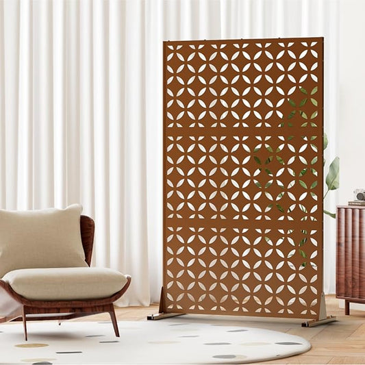 Metal Privacy Screen 72" H x 44" W, Outdoor Freestanding Privacy Screens, Patio Metal Fence Panels with Stand, Brown Screens for Outside Deck Balcony Garden and Indoor