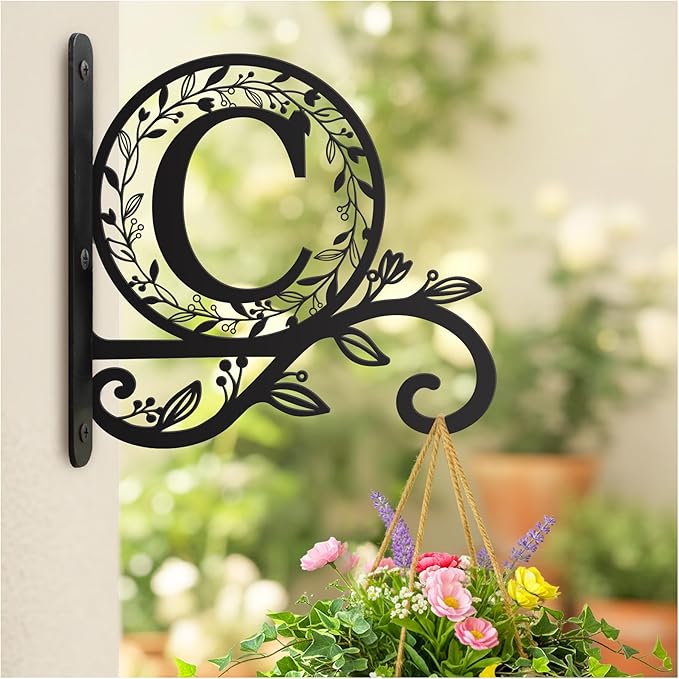 Metal Initial Letter C Plant Hanger Bracket, Decorative Wall Mount Hanging Plant Hook, Monogram Floral Leaf Garden Decor for Hanging Baskets, Bird Feeders, Lanterns, Wind Chimes