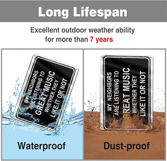 Man Cave Decor Metal Sign Funny Sarcasm Music garage signs Patio Wall Decorations Gifts for Men/Dad 12 X 8 Inches Outdoor & Indoor mancave Vintage Wall Decor -My Neighbors Are Listening to Great Music