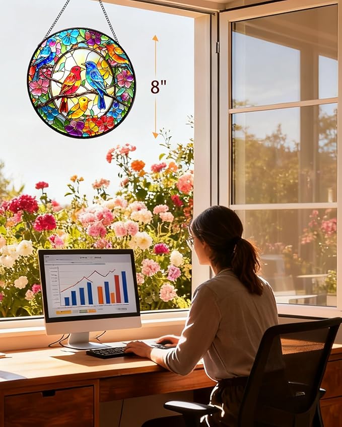Stained Glass Window Hanging, Birds Sun Catchers Glass Panel, Suncatcher Window Decor 8", Birthday for Women Men Mom and Friend Colleague