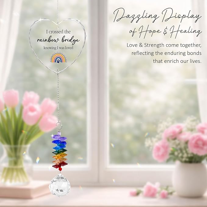 Pet Memorial Suncatcher I Crossed The Rainbow Bridge - Dog Memorial Gifts - Pet Loss - Thoughtful Dogs and Cats Remembrance - Pet Sympathy - Crystal Bereavement Gift