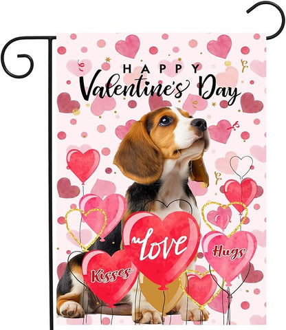 Beagle Valentine Garden Flag Valentines Day Flags for Outside 12x18 Double Sided Small Yard Flags Dog Valentine's Day Decor Outdoor Lawn Valentines Banners Front Porch