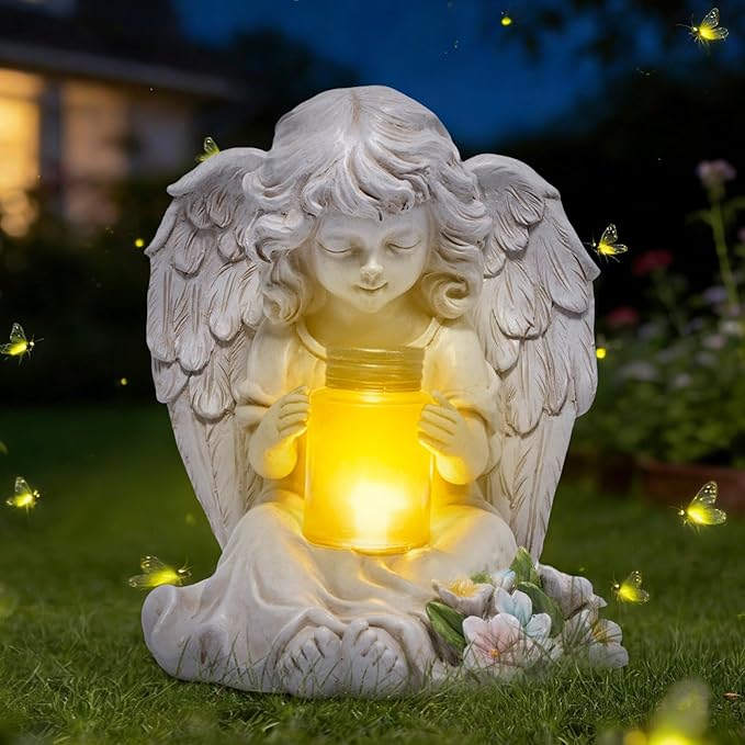 basen Solar Angel Garden Statue with Lighted Wishing Jar, Resin Outdoor Guardian Angel Figurine, Waterproof Lawn Yard Patio Decor, Memorial Sympathy Sculpture for Porch Backyard Gift