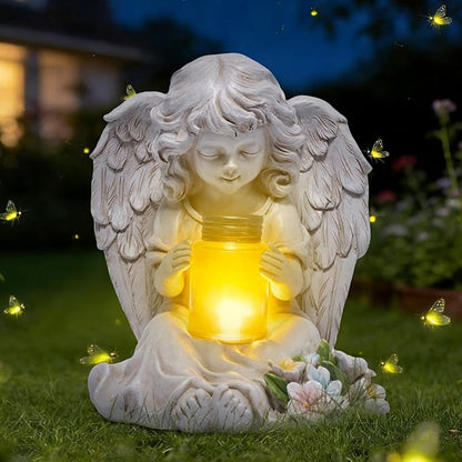 basen Solar Angel Garden Statue with Lighted Wishing Jar, Resin Outdoor Guardian Angel Figurine, Waterproof Lawn Yard Patio Decor, Memorial Sympathy Sculpture for Porch Backyard Gift