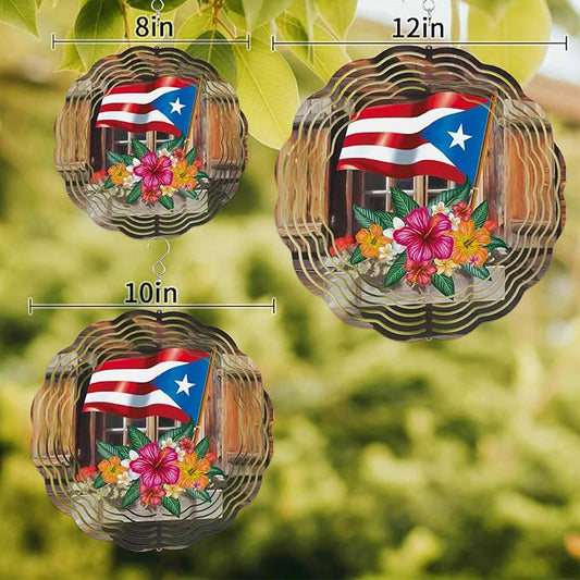 Wind Spinners for Yard and Garden - 3D Stainless Steel Hanging Spinners Indoor/Outdoor Kinetic Yard Art - Round Wind Chime 7.8 Inch, Puerto Rico Flag and Hibiscus in Barn