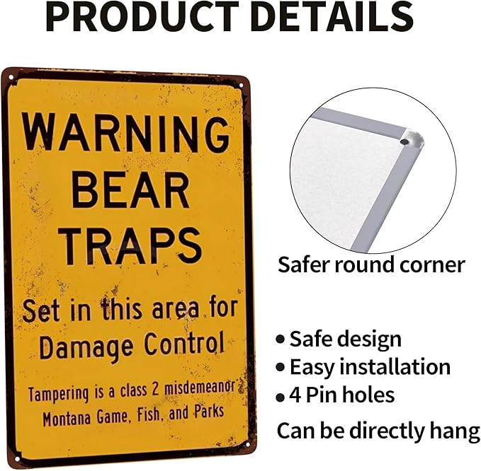 Custom Kraze Warning Bear Traps Montana Reproduction Metal Sign 8 x 12