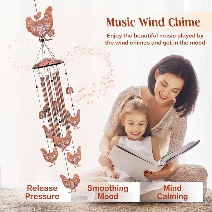 Chicken Wind Chimes Outdoor Chicken Gifts for Women Men Mom Gardening Birthday Gifts Metal Memorial WindChimes for Outside/Indoors, Lawn, Patio, Yard Art, Garden Decor, Yard Decorations