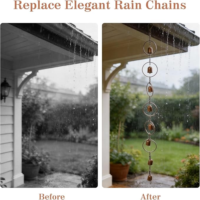 Hanging Rain Chime Metal Rain Chain Garden Wind Chimes Decorative Bell Musical Rain Feng Shui Good Luck Chimes for Gutter Drainage Home Outside Decor