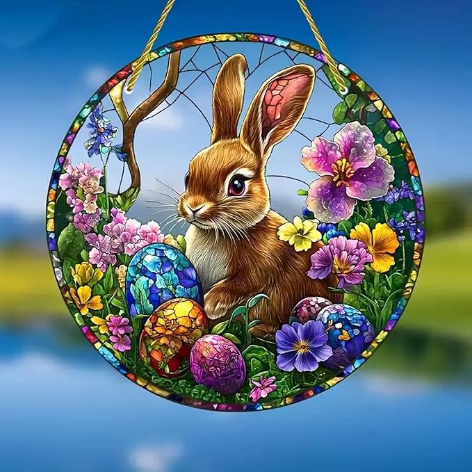 Easter Sun Catcher for Window Hanging Cute Bunny with Floral Designs Colorful Ornament Full Cover Acrylic Stained Glass for Garden Rabbit Suncatcher Room Party Decor Easter Gift