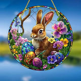 Easter Sun Catcher for Window Hanging Cute Bunny with Floral Designs Colorful Ornament Full Cover Acrylic Stained Glass for Garden Rabbit Suncatcher Room Party Decor Easter Gift