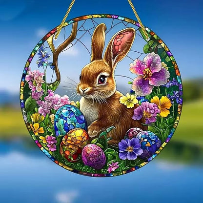 Easter Sun Catcher for Window Hanging Cute Bunny with Floral Designs Colorful Ornament Full Cover Acrylic Stained Glass for Garden Rabbit Suncatcher Room Party Decor Easter Gift