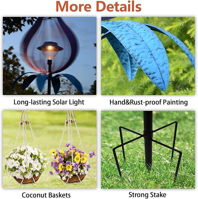 Multifunction Solar Wind Spinner Outdoor with Shepherd Hooks MANORTANG 83 Inch Valentine Metal Large Landscape Light Double Coconut Basket LED Windmill Outdoor Decoration for Yard Patios (Purple)