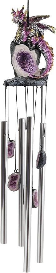 Ebros Gift Medieval Purple Dragon Guarding Topaz Crystal Geode Rock Figurine Crown Top Resonant Wind Chime with Miniature Geode Rocks Ornaments for Garden Patio Home Fantasy Dungeons and Dragons