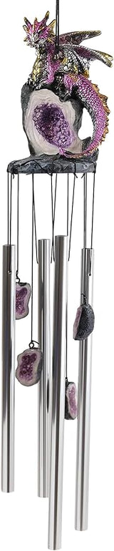 Ebros Gift Medieval Purple Dragon Guarding Topaz Crystal Geode Rock Figurine Crown Top Resonant Wind Chime with Miniature Geode Rocks Ornaments for Garden Patio Home Fantasy Dungeons and Dragons
