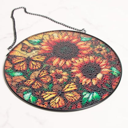 Sunflower Stained Glass Window Hanging,7.87 Inch Sun Catcher Indoor Window Decor with Butterfly,Ornament for Home,Garden,New Home,Christmas,Mother’s Day Outdoor Gift for Mom,Festival Gift