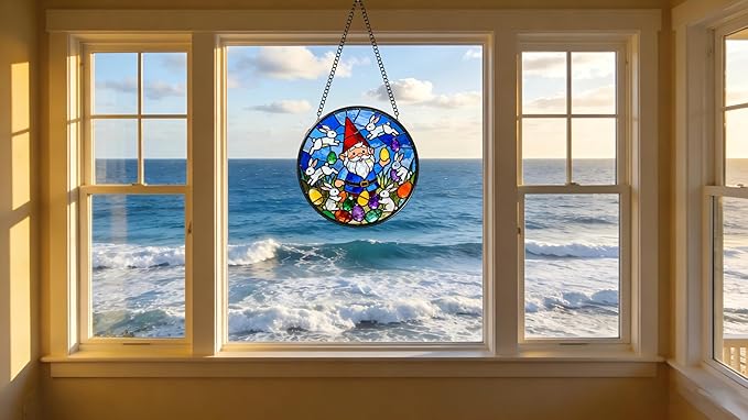 Funoasis Easter Bunny and Gnome Stained Glass Suncatcher - 6.3 Inches Window Hanging Ornaments for Spring Holiday Home Decoration