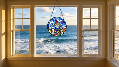 Funoasis Easter Bunny and Gnome Stained Glass Suncatcher - 6.3 Inches Window Hanging Ornaments for Spring Holiday Home Decoration