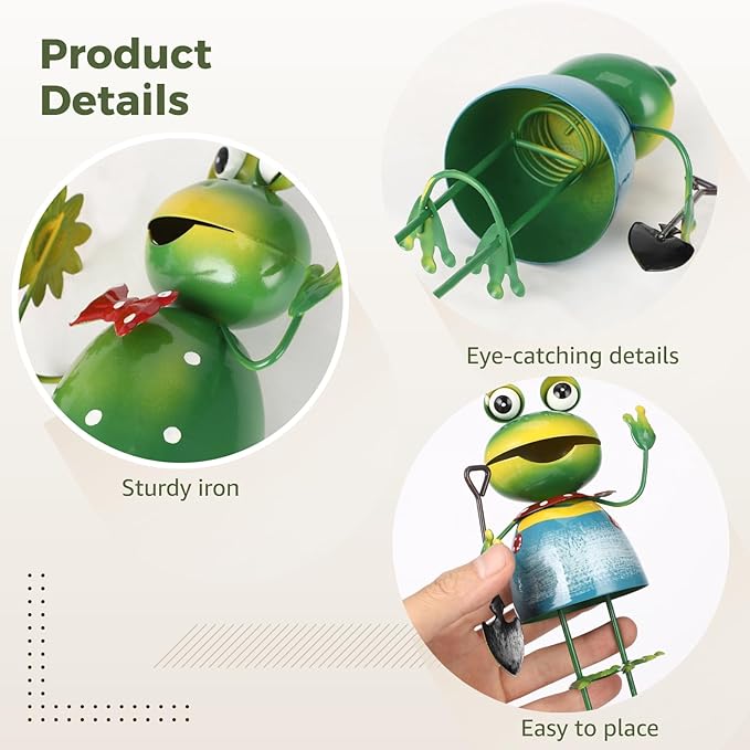 2 Pcs Metal Frog Statue, 3D Outdoor Frog Figurine Holding Flower/Shovel, 3.9 x 7.5 in Iron Garden Sculptures, Sturdy Yard Art Garden Decor for Lawn Patio, Gardener Gift