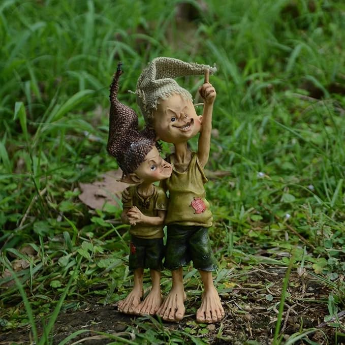 Cute Pixie Statue Fairy Garden Elf Brothers Figurine, Resin Craft Gift Desktop Ornament, Outdoor Statue for Patio, Lawn, Yard Decor