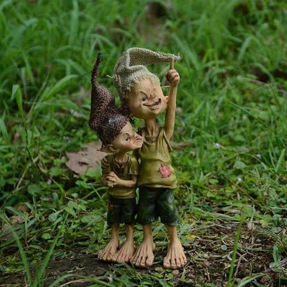 Cute Pixie Statue Fairy Garden Elf Brothers Figurine, Resin Craft Gift Desktop Ornament, Outdoor Statue for Patio, Lawn, Yard Decor