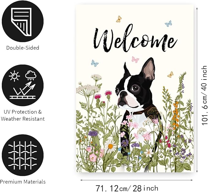 Floral Boston Terrier Garden Flag 28 x 40 Double Sided Multicolored Flower Dog Yard Flag for Outdoor Welcome