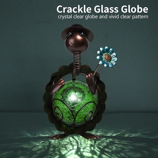 MUMTOP Turtle Garden Decor, Turtle Solar Lights Outdoor Decorative Waterproof with Crackle Glass Globe and Flower Yard Ornaments for Tabletop Outside Garden Lawn Outside Porch Home Decorations