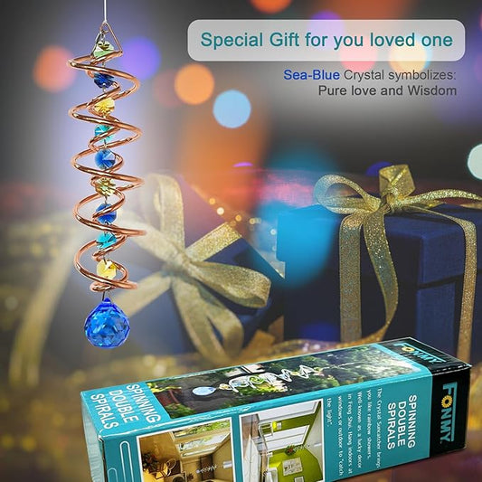 FONMY Gazing Ball Spiral Tail -Decorative Wind Spinner Sun Catcher Rainbow Maker Copper Double-Spiral W/Sea Blue Crystal Ball and Chain Crystals Beads for Indoor Outdoor Garden Decoration -14 inch H