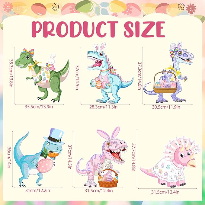 6PCS Easter Dinosaur Yard Signs with Stakes,Easter Dinosaur with Bunny and Egg Decoration for Holiday Celebration Decorations for Yard, Lawn and Patio