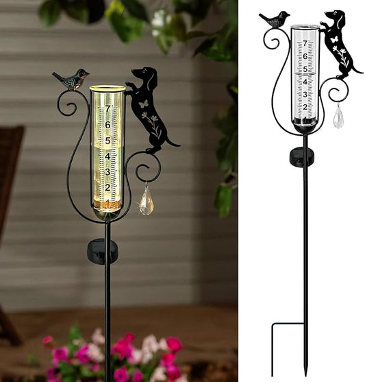 Dachshund Dog Rain Gauge Outdoor,Solar Powered Decorative Metal Dog and Bird Garden Stakes,Rain Gauges for Yard,Pathway,Lawn