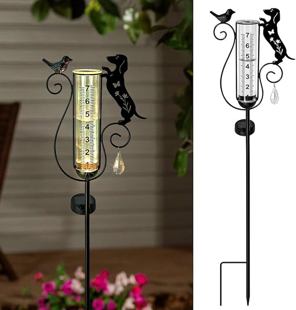 Dachshund Dog Rain Gauge Outdoor,Solar Powered Decorative Metal Dog and Bird Garden Stakes,Rain Gauges for Yard,Pathway,Lawn