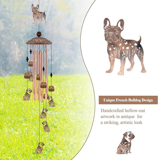 36" French Bulldog Wind Chimes for Outside - Rustic Copper Frenchie Dog Silhouette Decor with 6 Handcrafted Pendants - Sympathy Dog Memorial Windchime - Unique Gift for Frenchie Lovers & Pet Owners