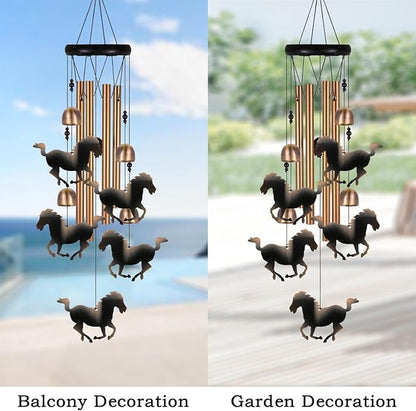 Outdoor Bronze Horse Wind Chimes Decoration, Gifts for Mom, Home, Garden, Balconies, Rooms, Patio, Indoor, Horse Chimes, 4 Aluminum Tubes 5 Horses Wind Chime, Horse Wind Catcher, Horse Wind Bell Gift