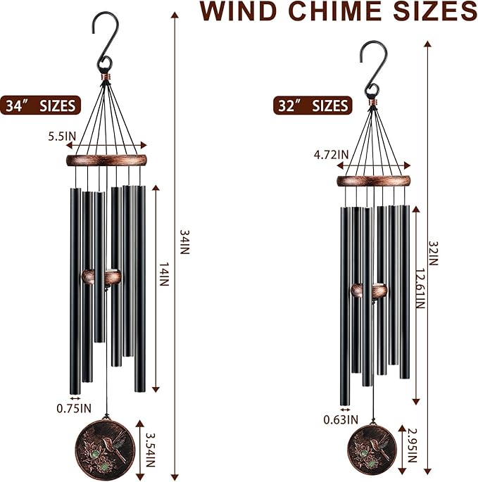 Wind Chimes for Outside, Vintage Hummingbird Deep Tone Wind Chime Outdoor Clearance, Patio Porch Balcony Decoration, Garden Hanging Decor Gifts for Women Mom Grandma (34" Hummingbird)