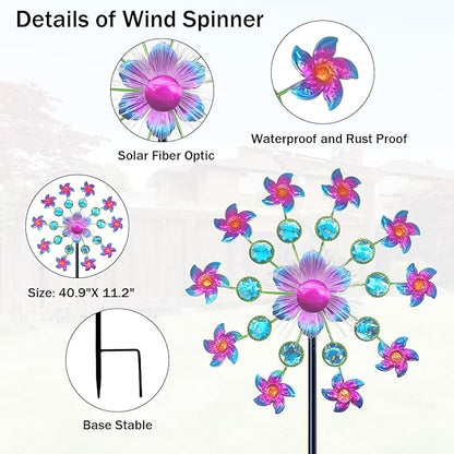 40" Solar Flower Gem Wind Spinners Garden Stake, Solar Wind Sculpture Yard Art Decorations for Lawn,Patio&Yard & Garden Decor, Metal Whirligigs Wind Spinners Outdoor